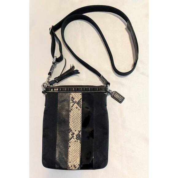 Coach Hampton Signature Swingpack Crossbody Black Canvas Python Patent Leather - Picture 1 of 10